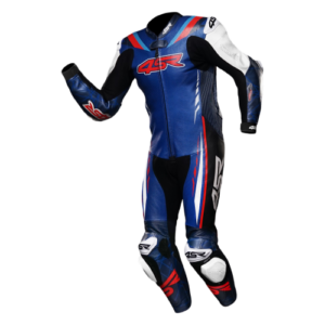 One-piece leather racing suit in a striking red and black design, perfect for motorcycle racing weekends, available for rent at ₹3,000 per day.